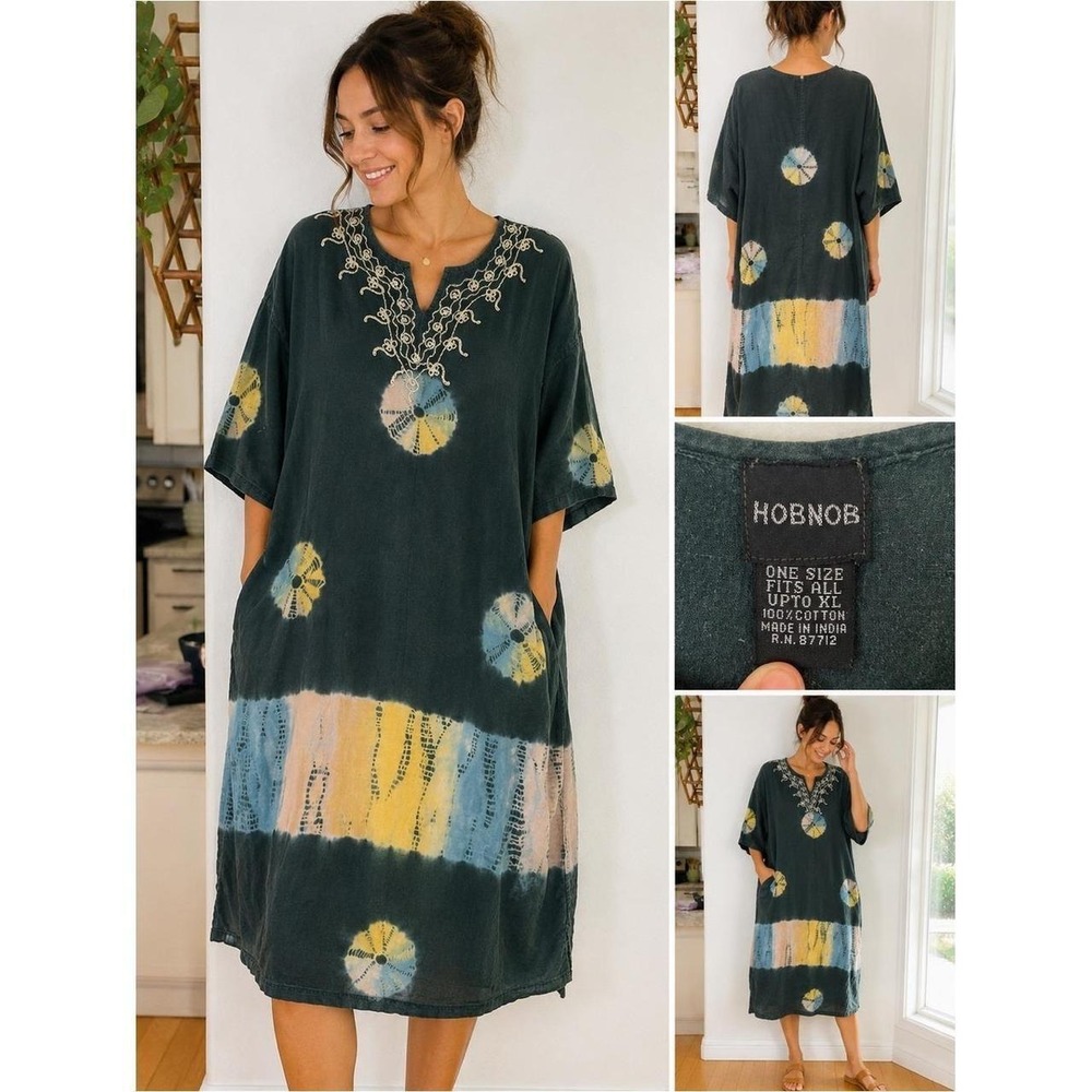 HOBNOB Tie Dye Embroidered Cotton Midi Dress Blue Grey OS XL Boho Artisan